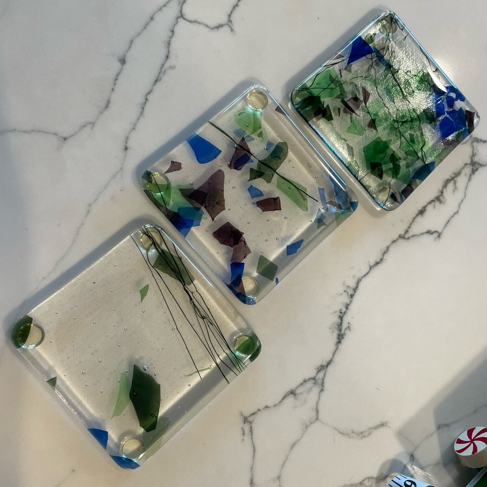 MCM Style Fused Art Glass Coasters, set of 3 with wood stand